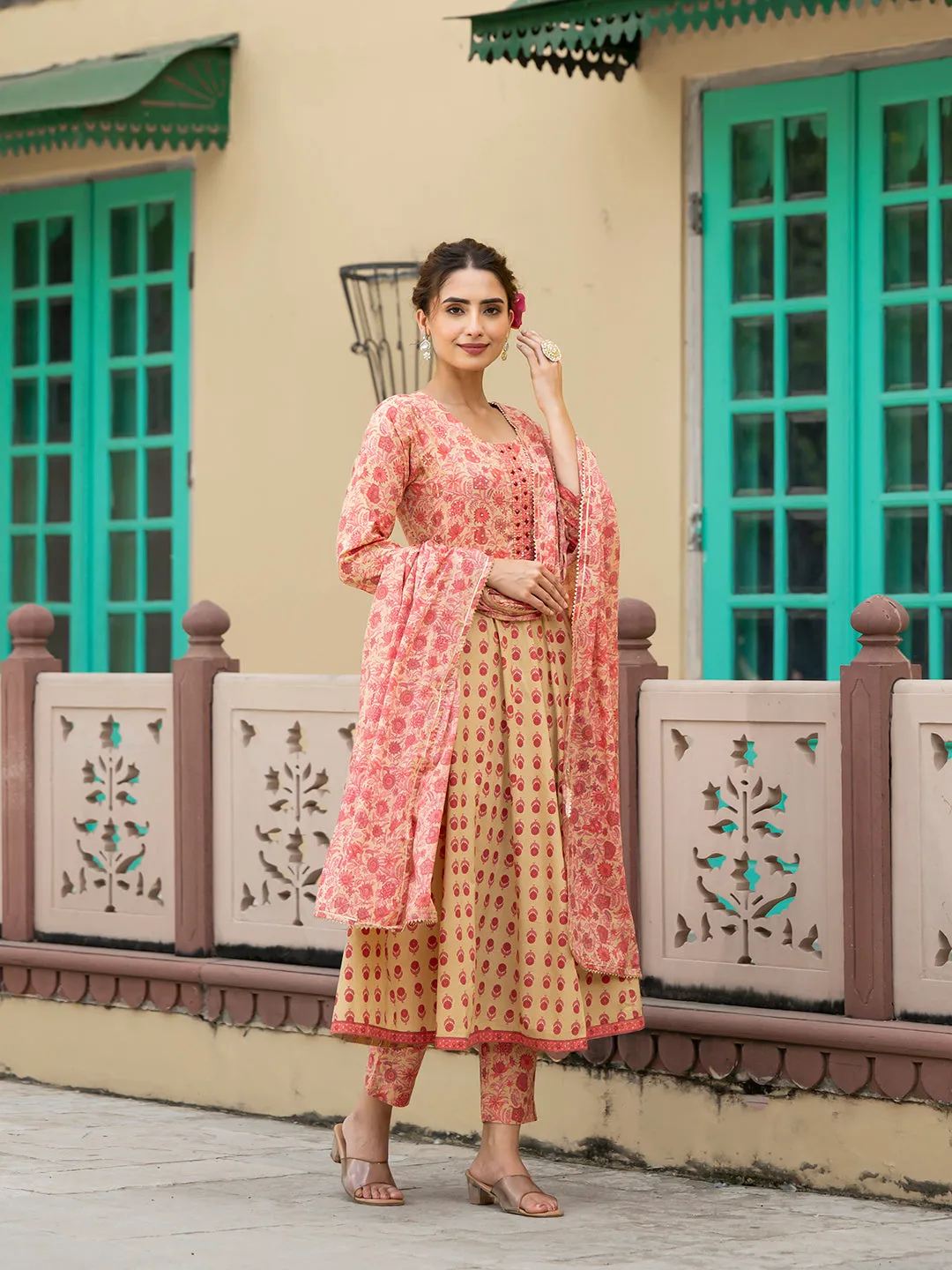 Jashvi Peach Floral Print Pure Cotton Anarkali Kurta & Trouser with Dupatta