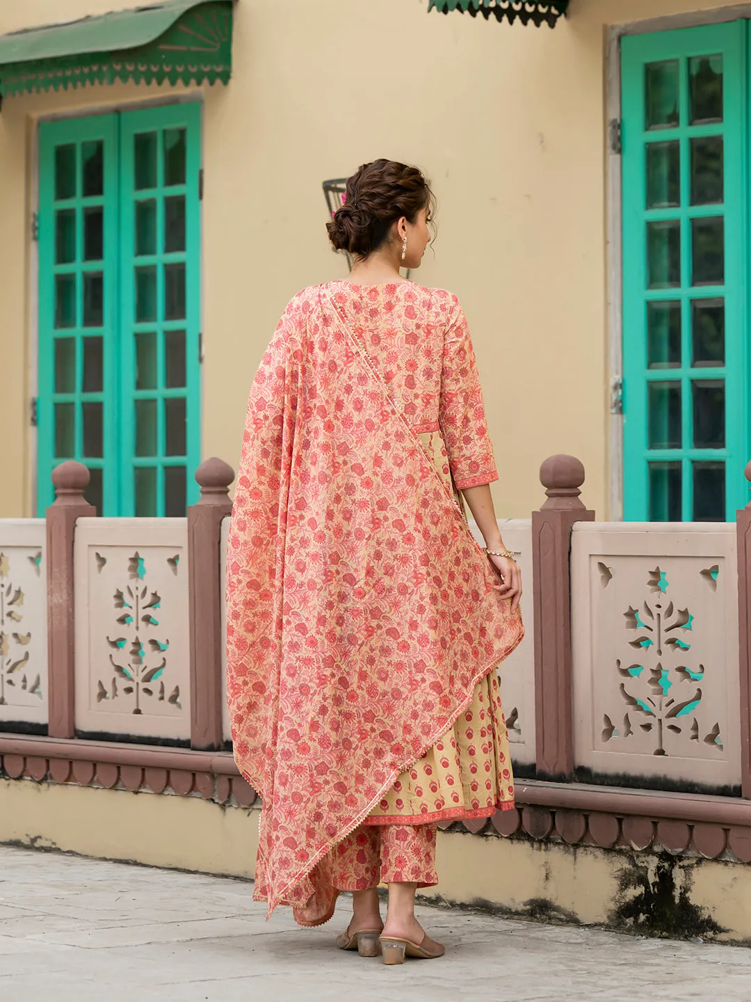 Jashvi Peach Floral Print Pure Cotton Anarkali Kurta & Trouser with Dupatta