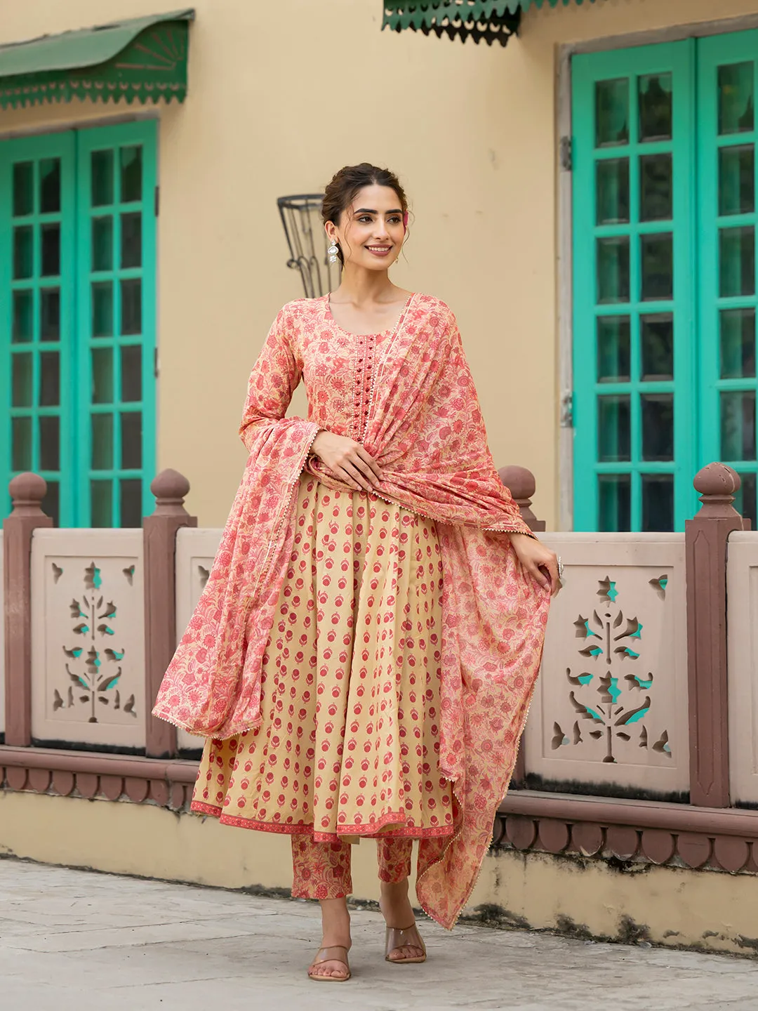 Jashvi Peach Floral Print Pure Cotton Anarkali Kurta & Trouser with Dupatta