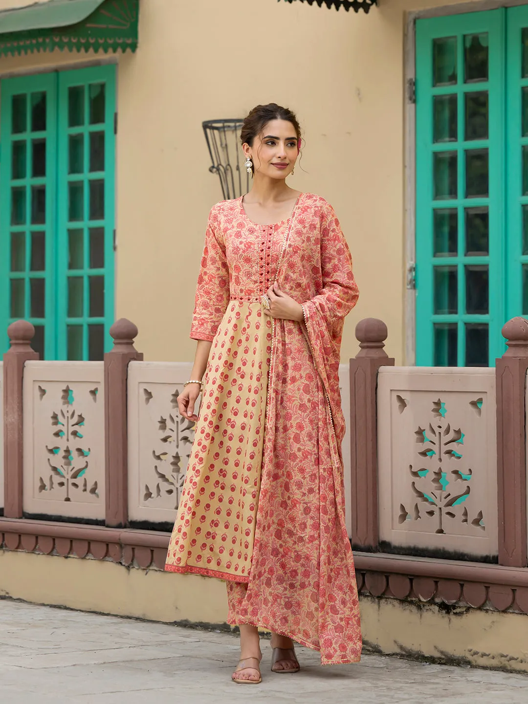 Jashvi Peach Floral Print Pure Cotton Anarkali Kurta & Trouser with Dupatta