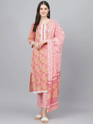 Jashvi Peach Floral Printed Kurta Pant set With Dupatta