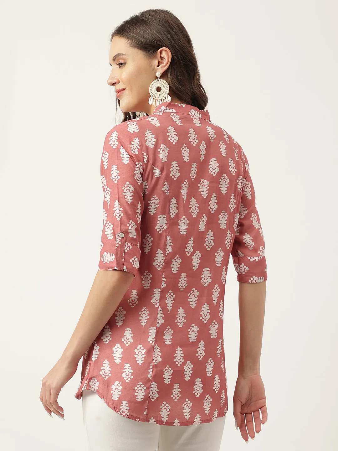 Jashvi Peach Printed Modal Chanderi Top