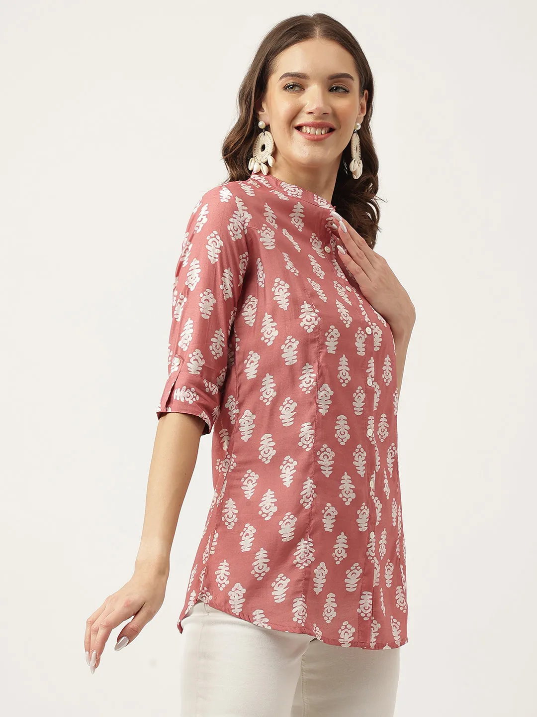 Jashvi Peach Printed Modal Chanderi Top