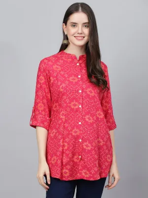 Jashvi Pink Abstract printed Rayon A-line Shirts Style Top