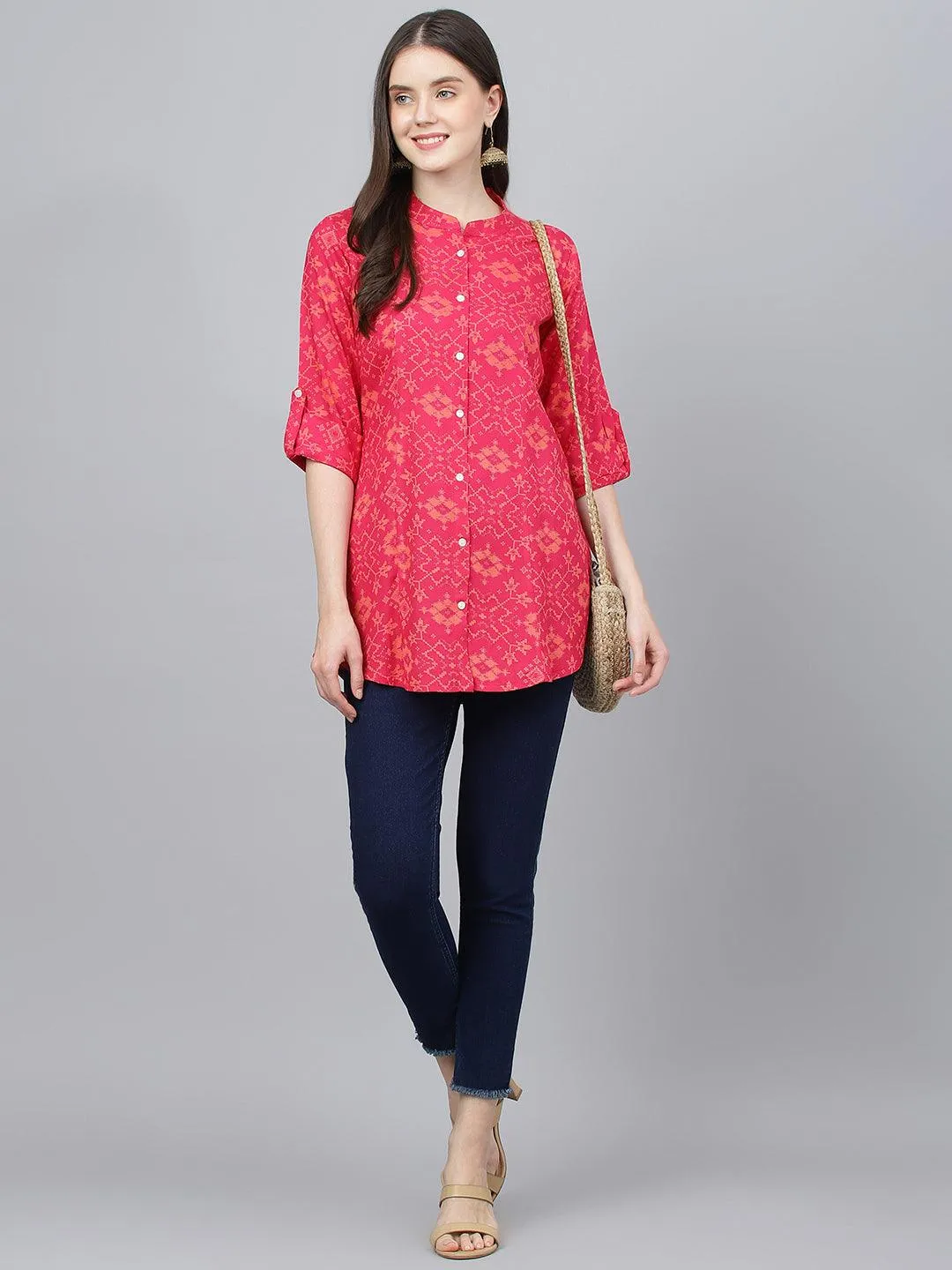 Jashvi Pink Abstract printed Rayon A-line Shirts Style Top