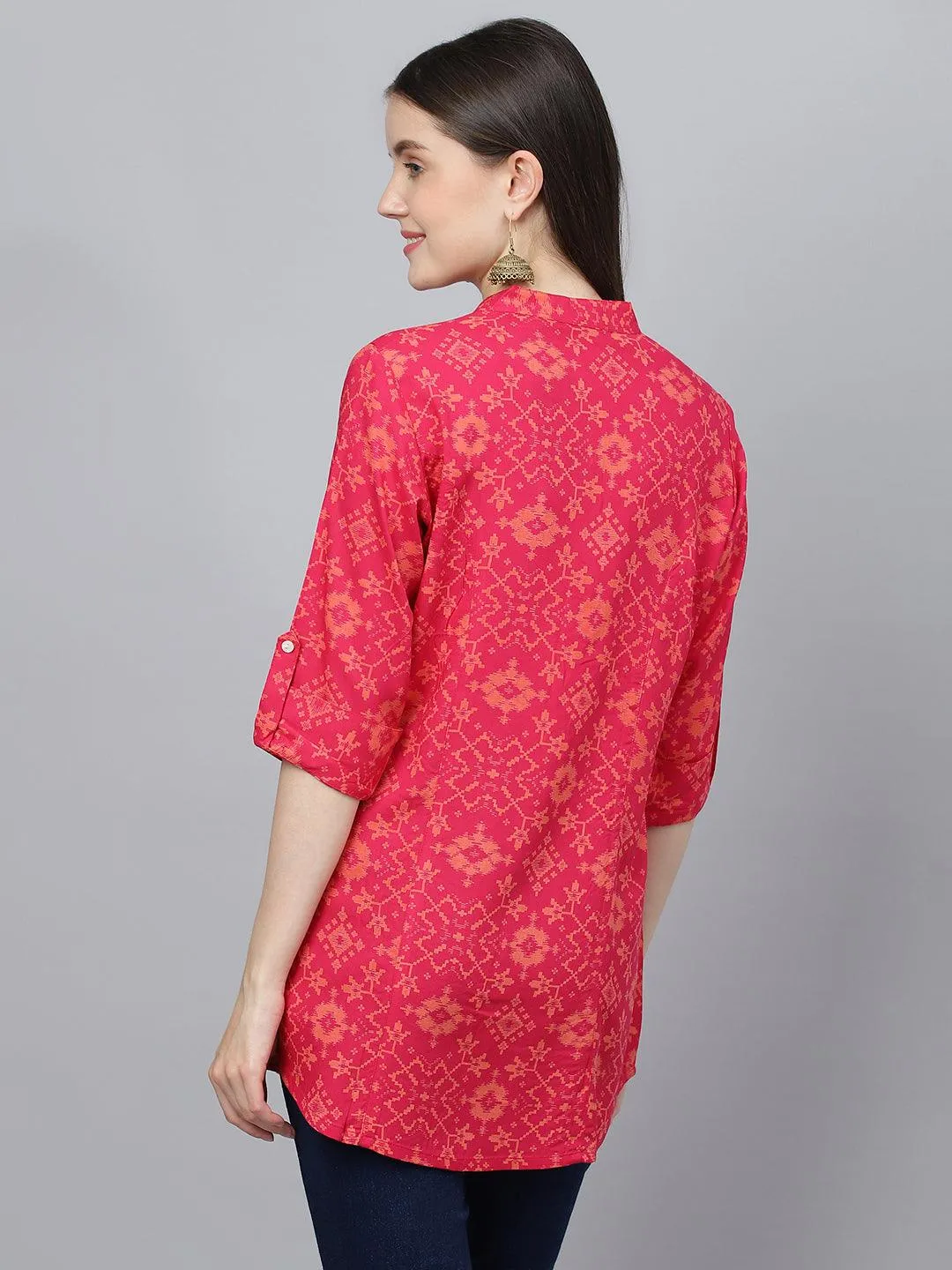 Jashvi Pink Abstract printed Rayon A-line Shirts Style Top