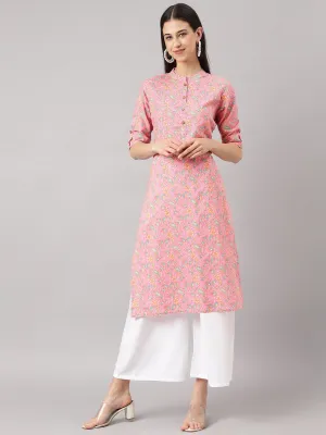 Jashvi Pink and Green Cotton Katha work Straight Kurta