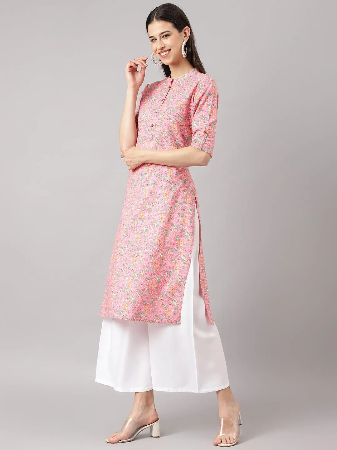 Jashvi Pink and Green Cotton Katha work Straight Kurta