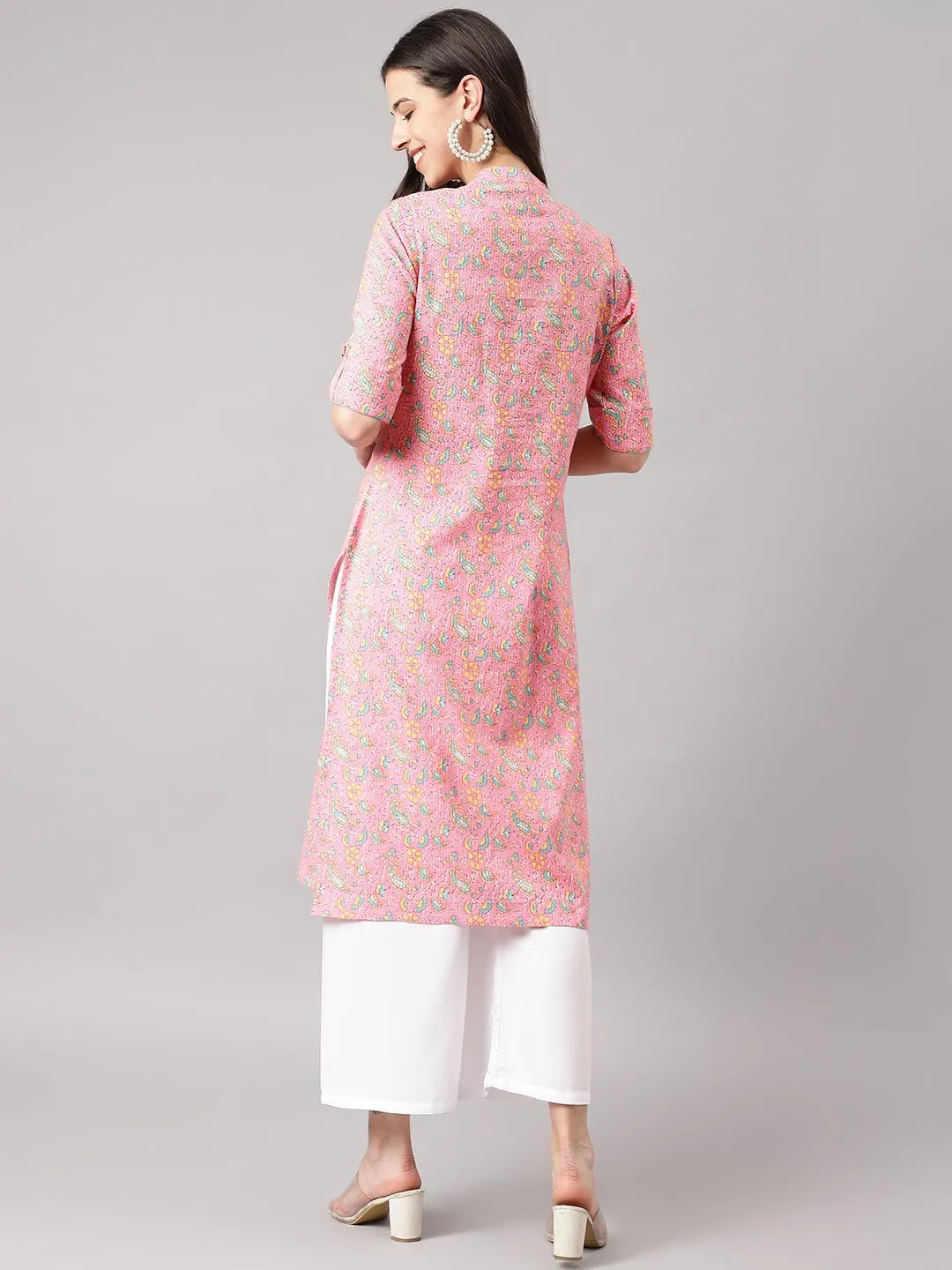 Jashvi Pink and Green Cotton Katha work Straight Kurta