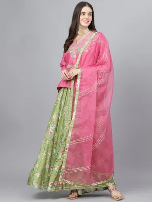 Jashvi Pink and Green Russian Silk Flared Lehenga Choli Set with Organza Dupatta