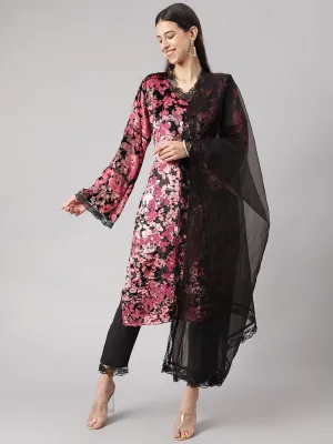 Jashvi Pink Burn out Velvat Kurta Haram Pant with Organza Dupatta