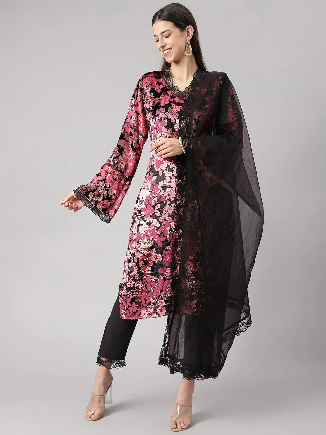 Jashvi Pink Burn out Velvet Kurta Harem Pant with Organza Dupatta