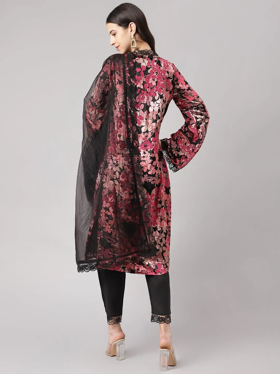 Jashvi Pink Burn out Velvet Kurta Harem Pant with Organza Dupatta