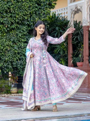 Jashvi Pink Cotton Floral printed Anarkali kurta Pant set With Dupatta