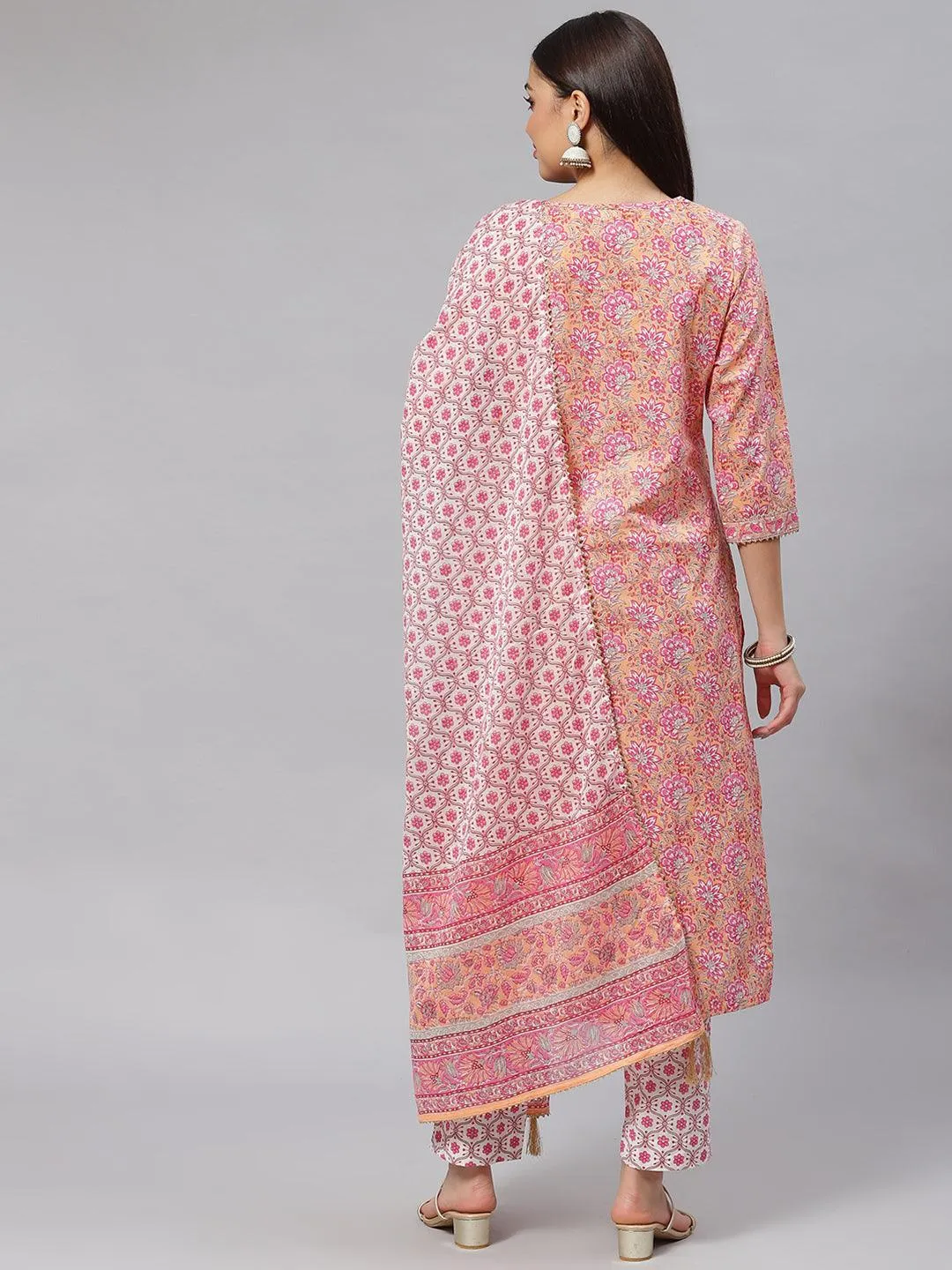 Jashvi Pink Cotton kurta Pant set with Dupatta