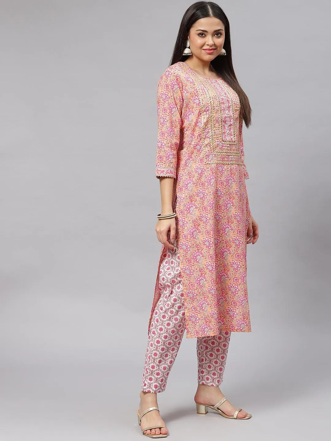 Jashvi Pink Cotton kurta Pant set with Dupatta