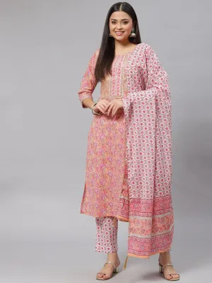 Jashvi Pink Cotton kurta Pant set with Dupatta