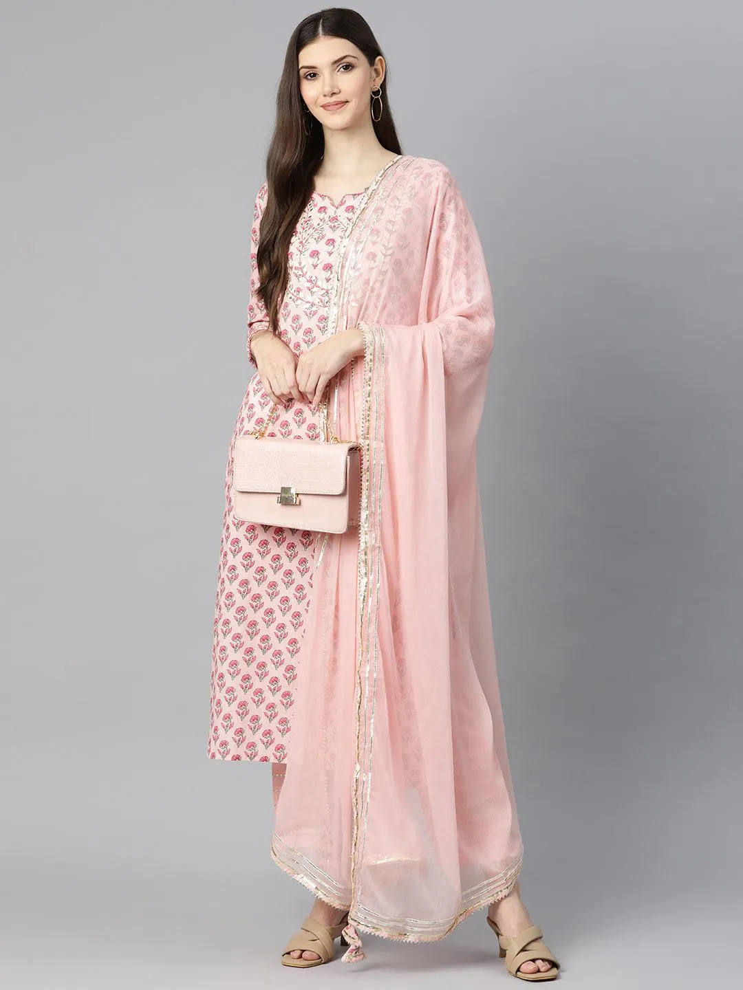 Jashvi Pink Cotton Straight Kurta Pant Set With Dupatta