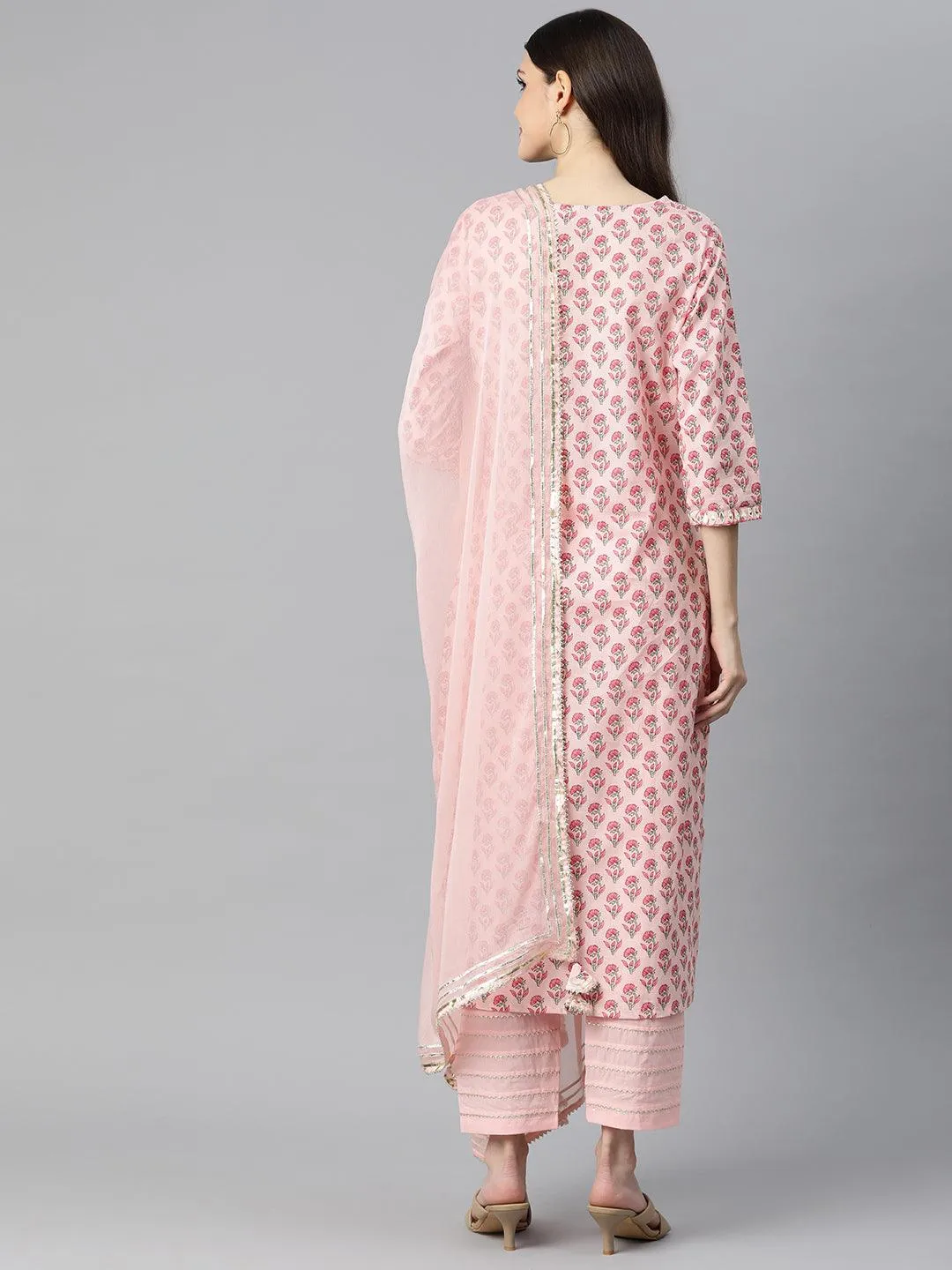 Jashvi Pink Cotton Straight Kurta Pant Set With Dupatta