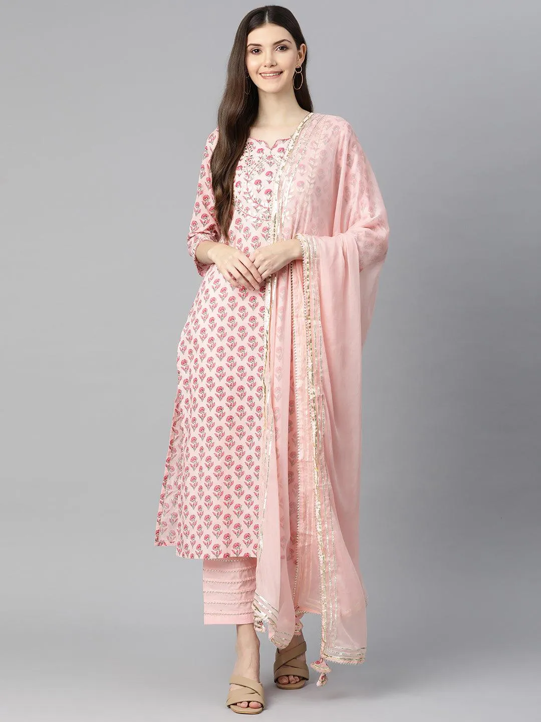 Jashvi Pink Cotton Straight Kurta Pant Set With Dupatta