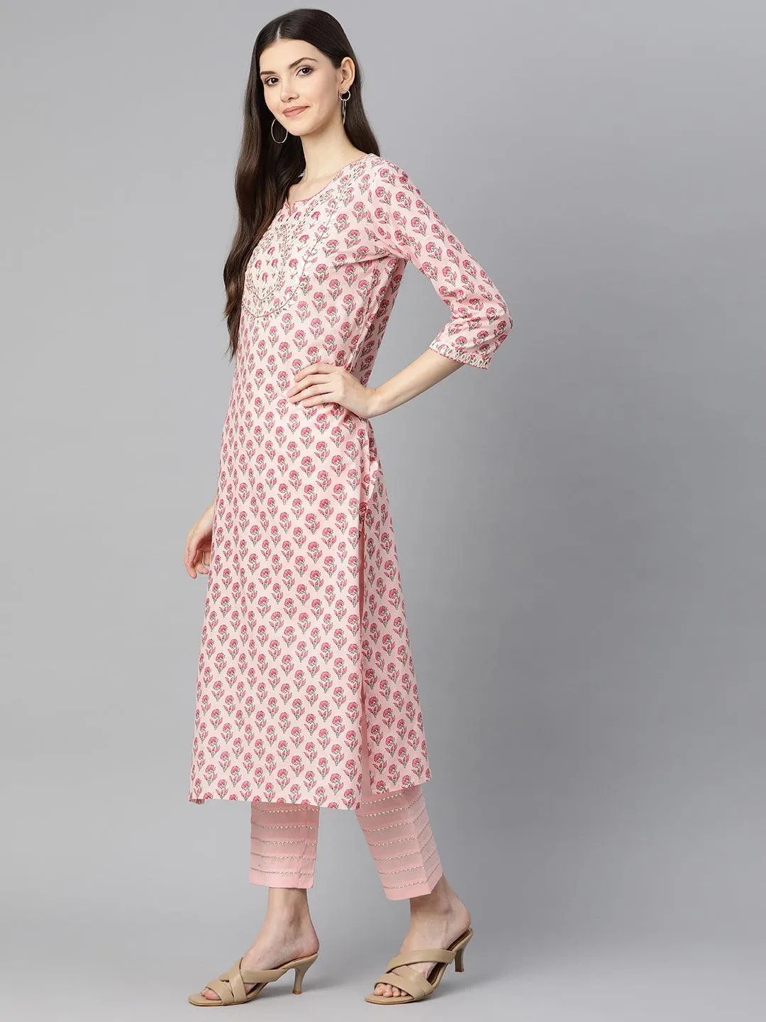 Jashvi Pink Cotton Straight Kurta Pant Set With Dupatta