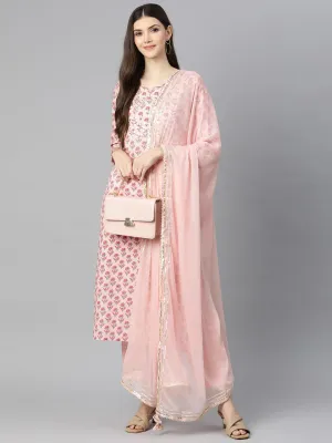 Jashvi Pink Cotton Straight Kurta Pant Set With Dupatta