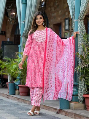 Jashvi Pink Ethnic Motif Printed Cotton Kurta, Pant And Dupatta Set With Mirror & Thread Work