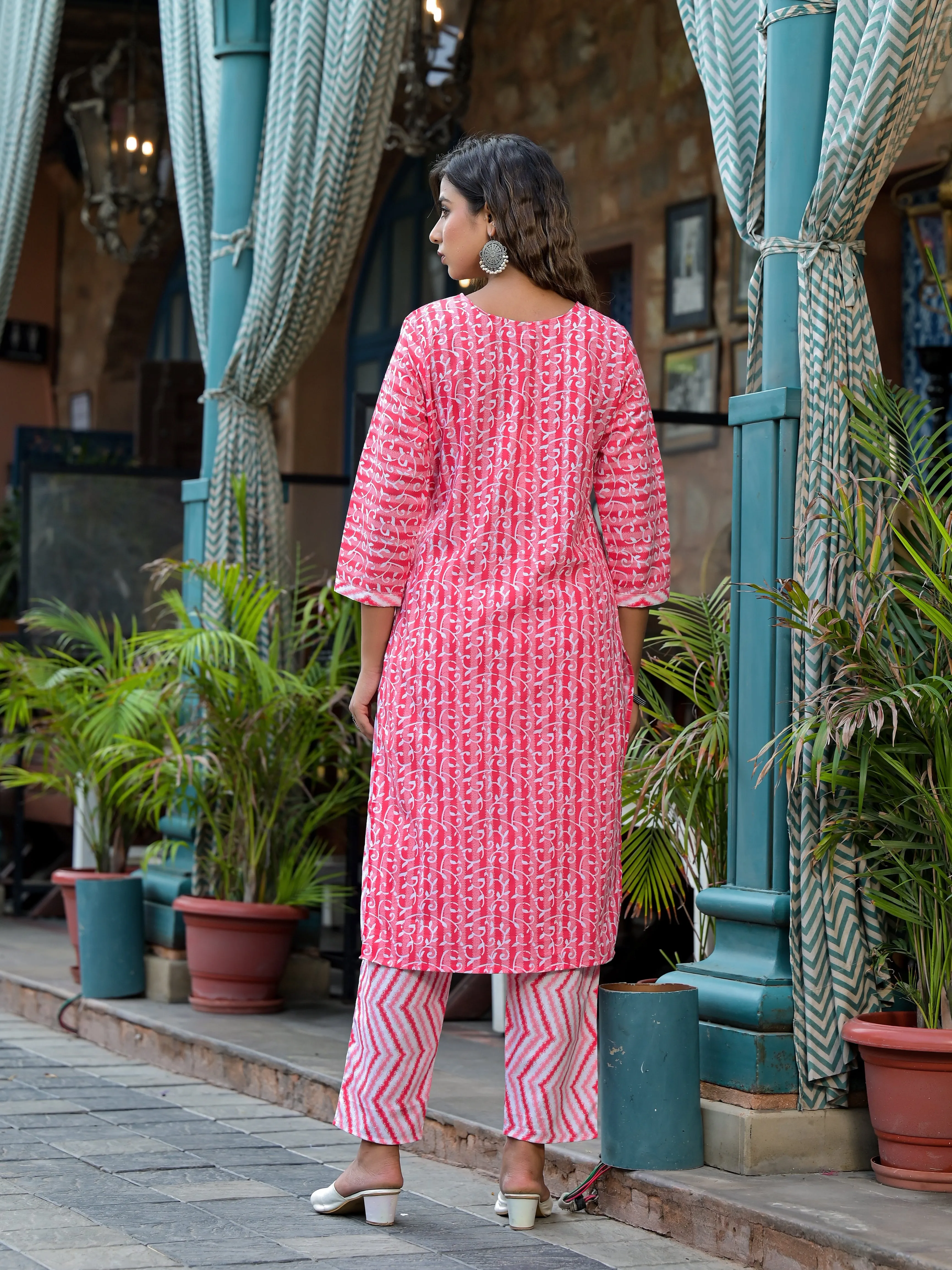 Jashvi Pink Ethnic Motif Printed Cotton Kurta, Pant And Dupatta Set With Mirror & Thread Work