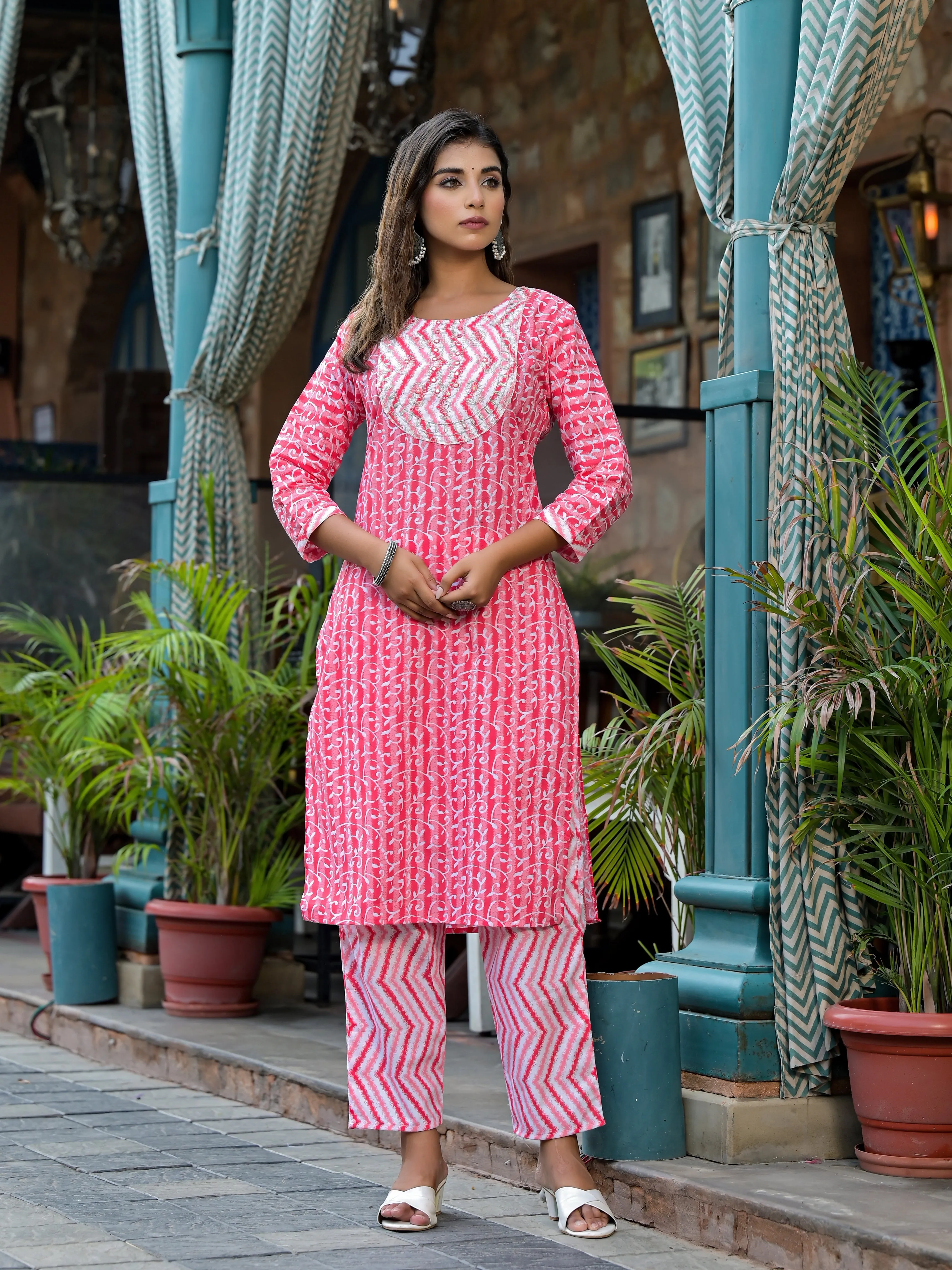 Jashvi Pink Ethnic Motif Printed Cotton Kurta, Pant And Dupatta Set With Mirror & Thread Work