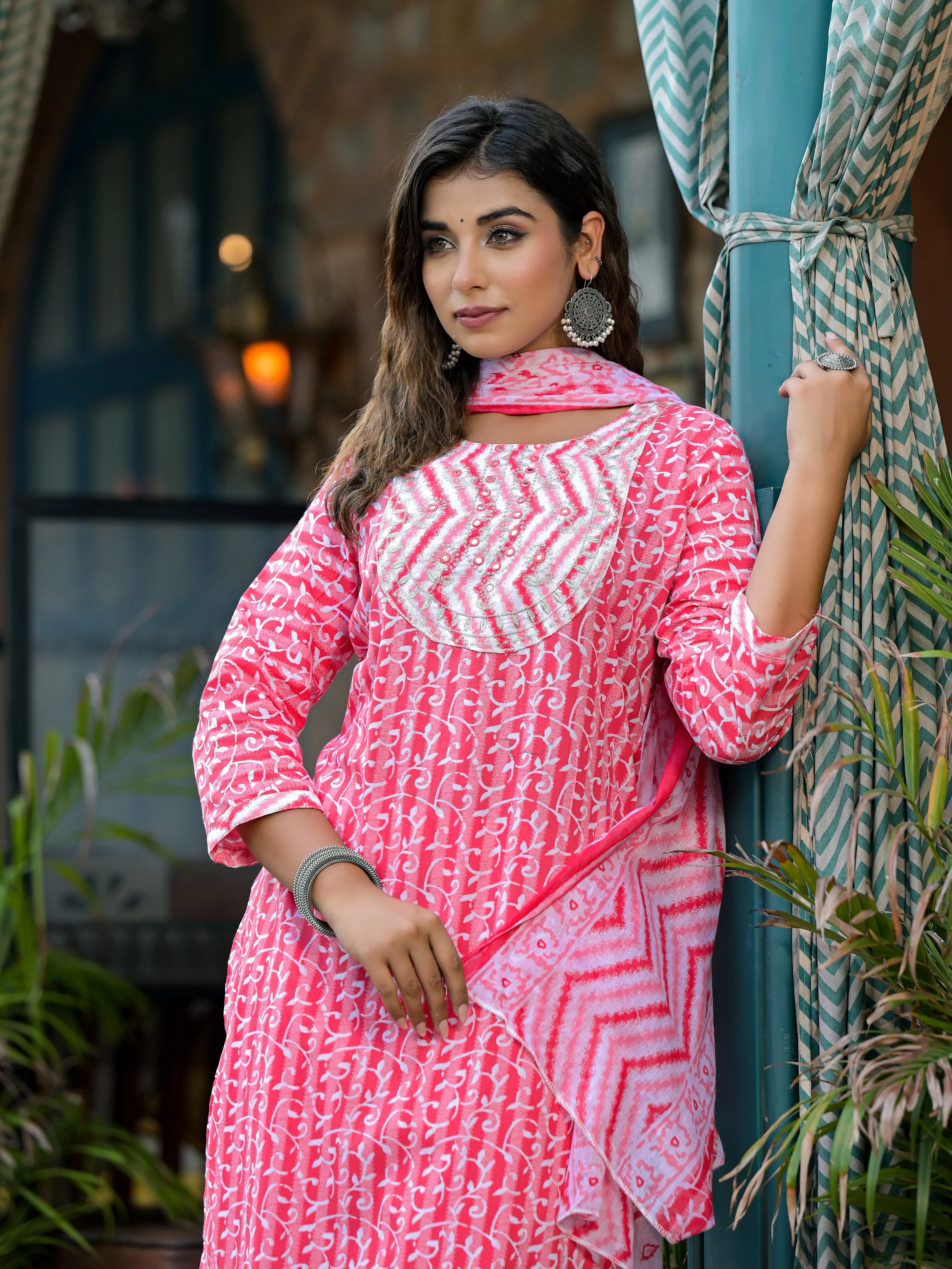 Jashvi Pink Ethnic Motif Printed Cotton Kurta, Pant And Dupatta Set With Mirror & Thread Work