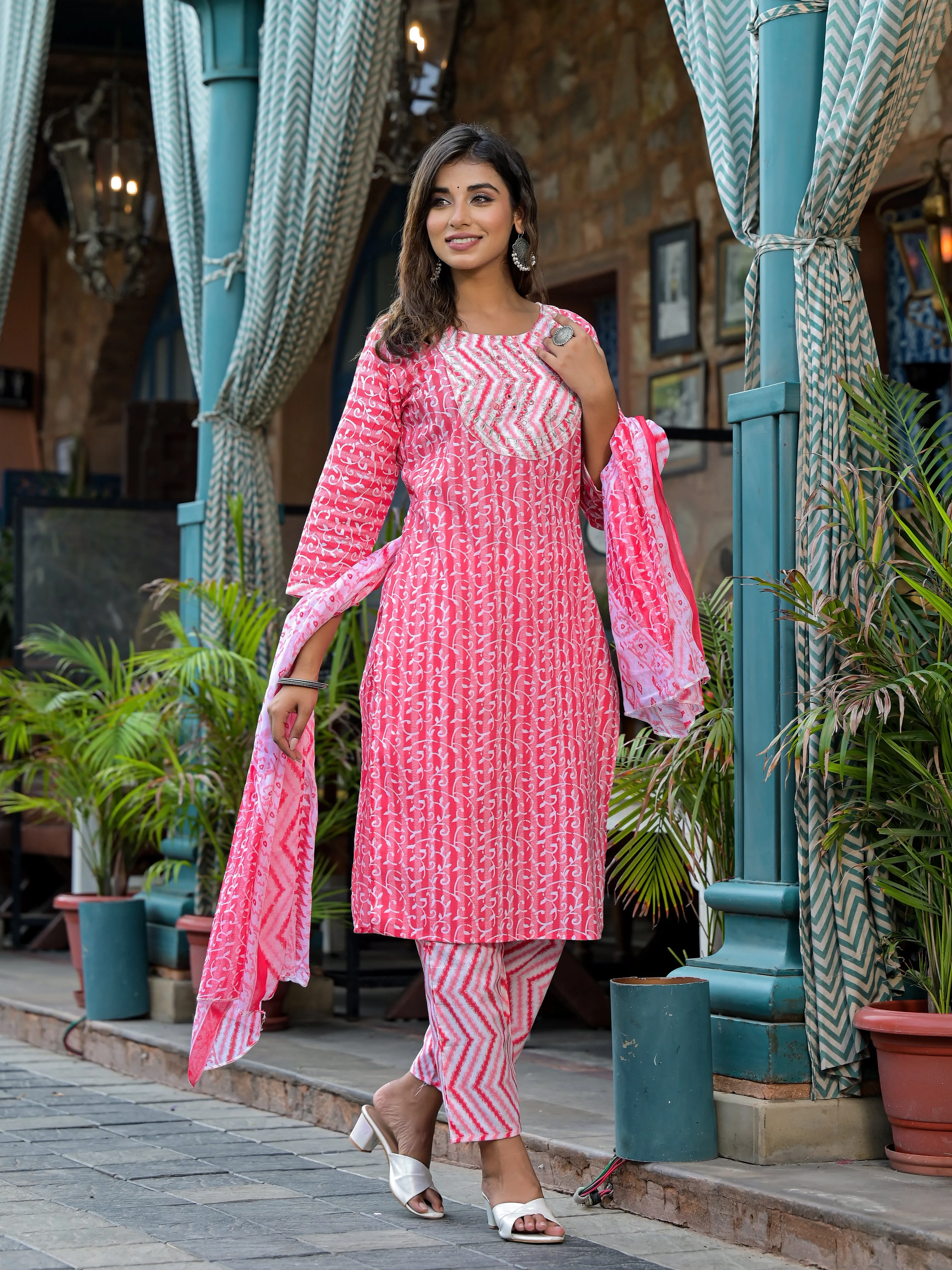 Jashvi Pink Ethnic Motif Printed Cotton Kurta, Pant And Dupatta Set With Mirror & Thread Work