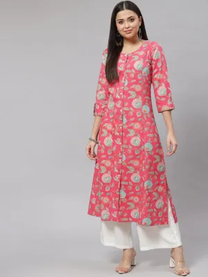 Jashvi Pink Floral Cotton Flex A-line Kurta