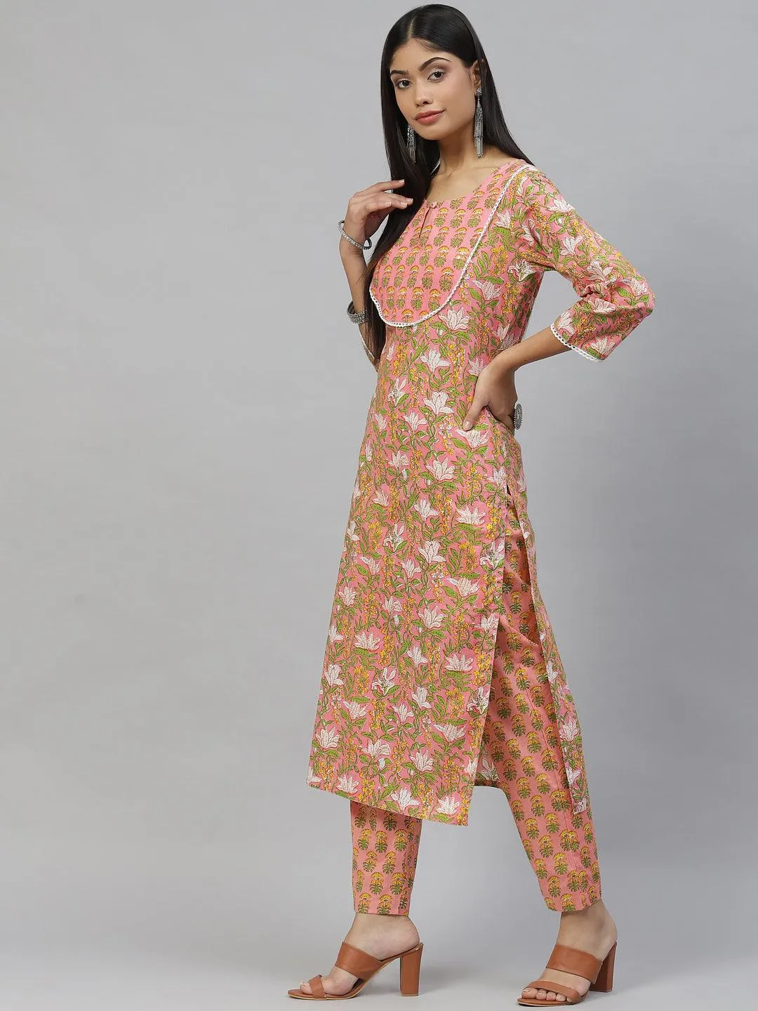 Jashvi Pink Floral Cotton Kurta Pant Set