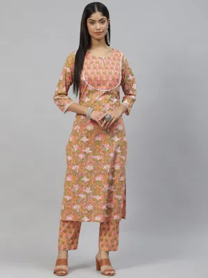 Jashvi Pink Floral Cotton Kurta Pant Set