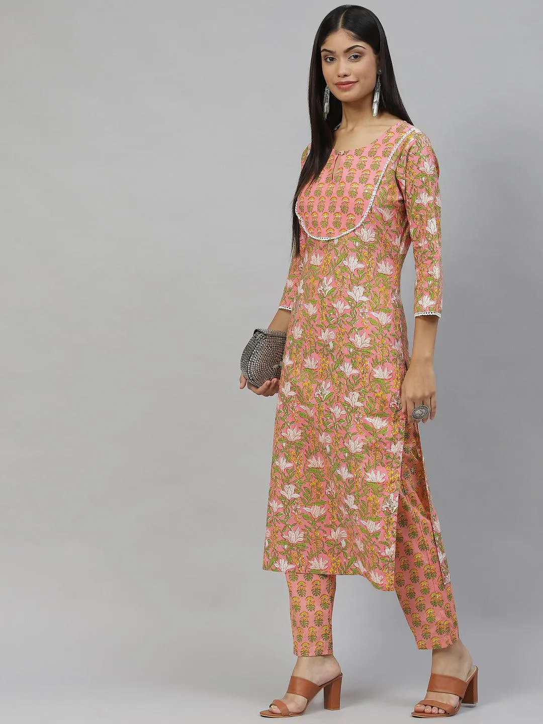 Jashvi Pink Floral Cotton Kurta Pant Set