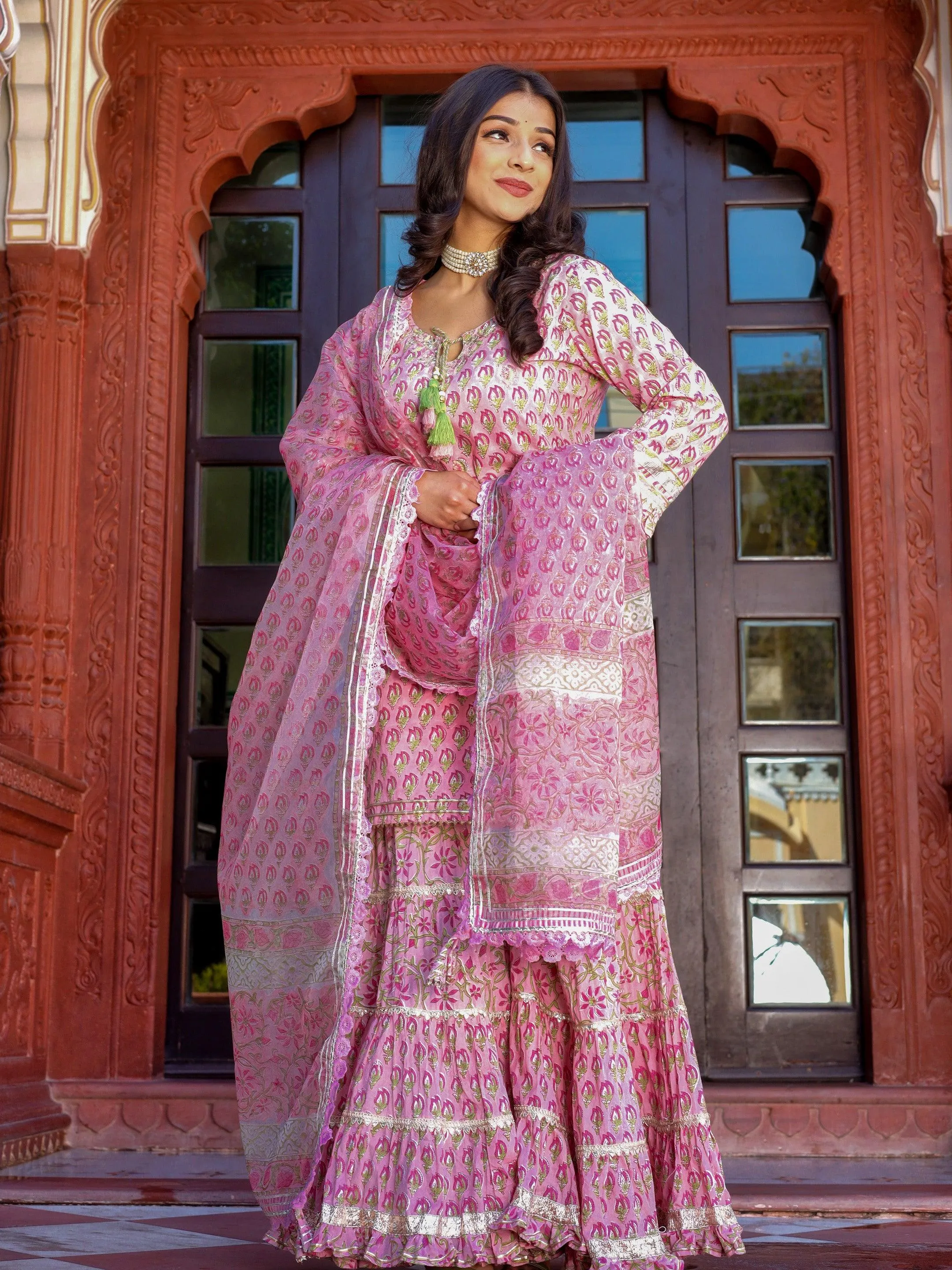 Jashvi Pink Floral Hand Block Printed Kurta Sharara Set with Dupatta