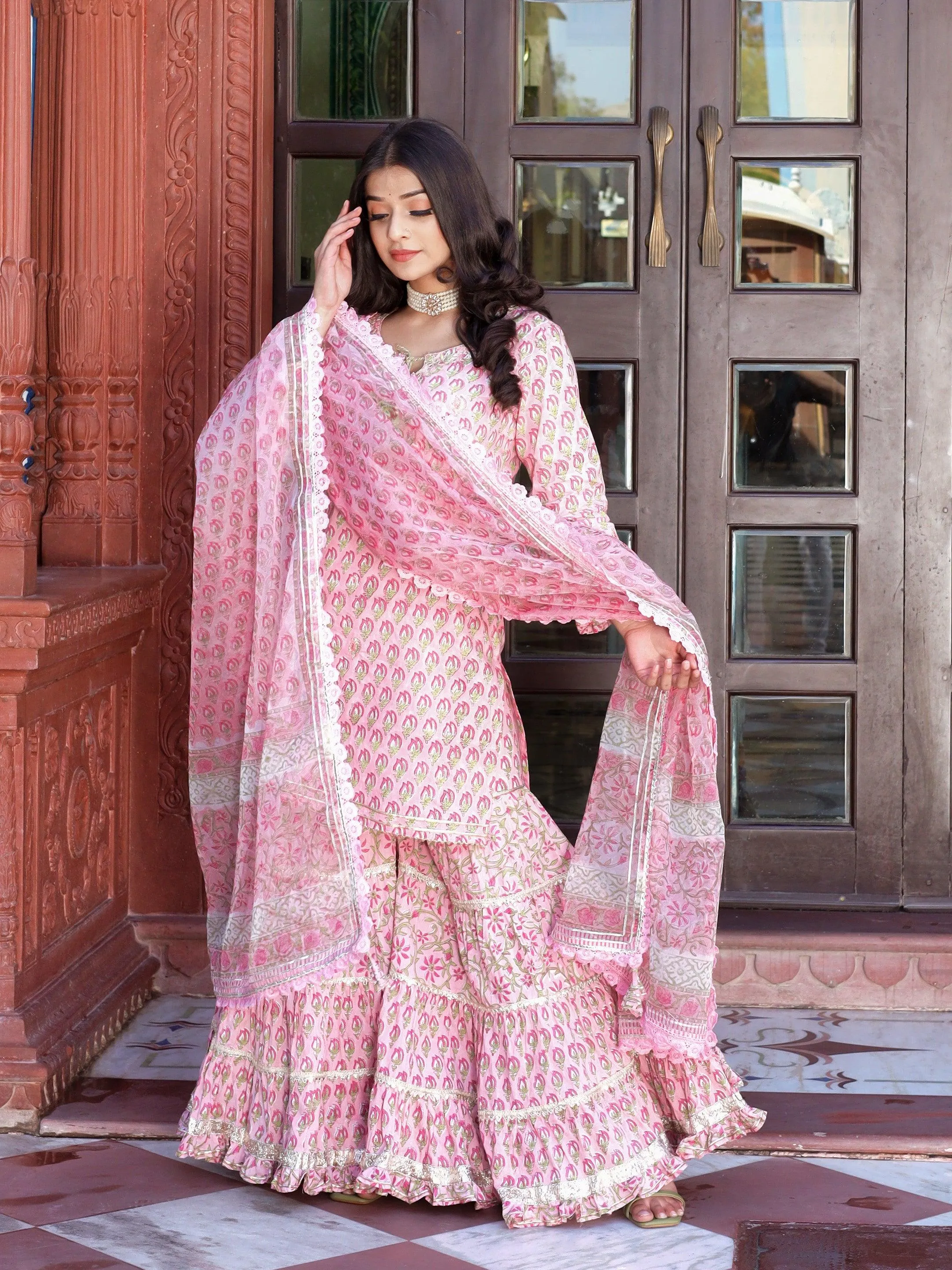 Jashvi Pink Floral Hand Block Printed Kurta Sharara Set with Dupatta