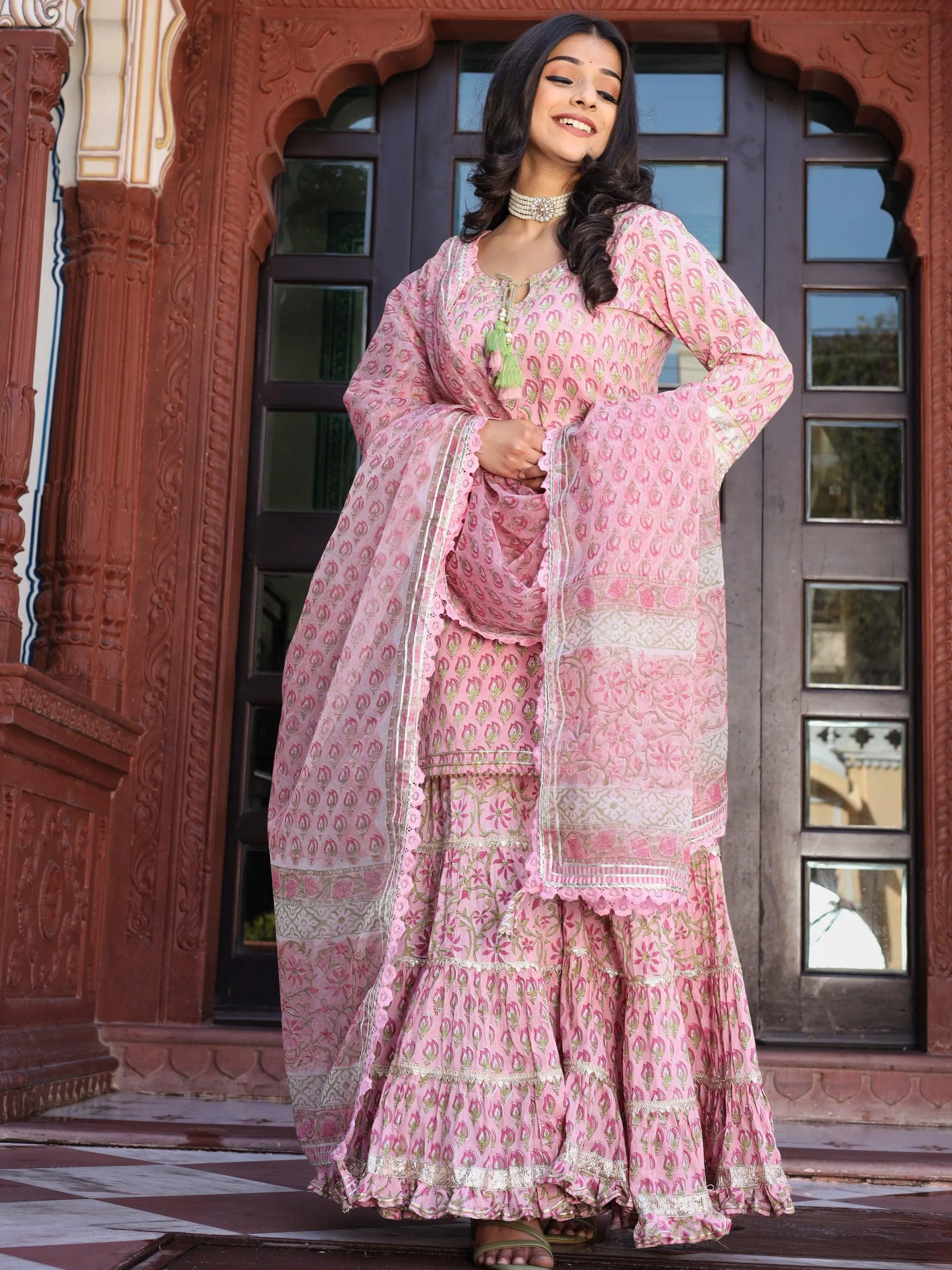 Jashvi Pink Floral Hand Block Printed Kurta Sharara Set with Dupatta