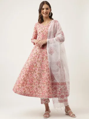 Jashvi Pink Floral HandBlock Printed Cotton Anarkali Kurta, trouser with Dupatta Set