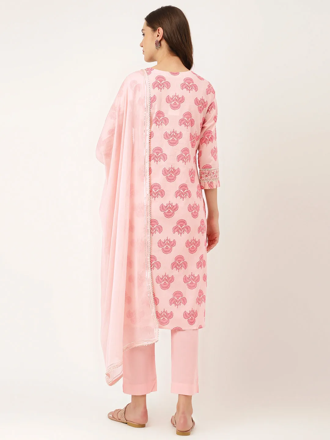 Jashvi Pink Floral Print Cotton  Kurta, Trouser & Dupatta