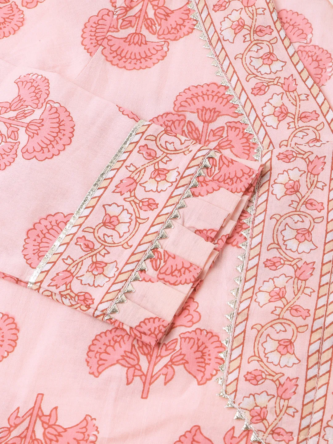 Jashvi Pink Floral Print Cotton  Kurta, Trouser & Dupatta