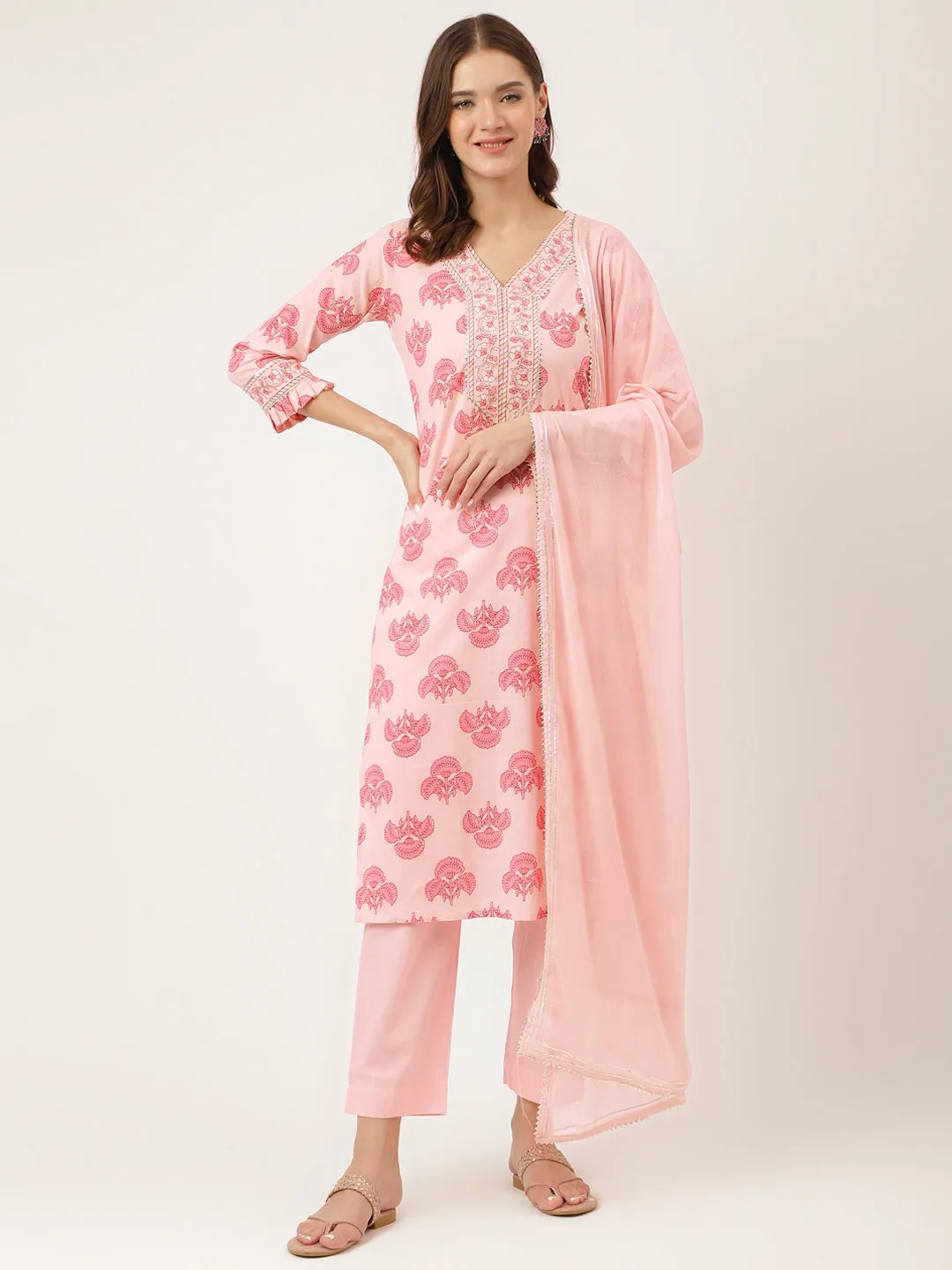 Jashvi Pink Floral Print Cotton  Kurta, Trouser & Dupatta