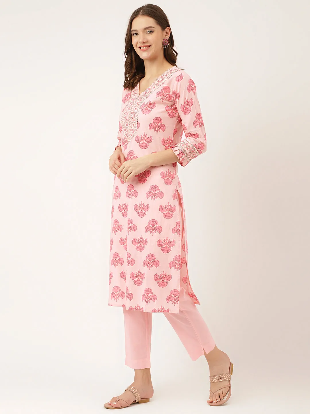 Jashvi Pink Floral Print Cotton  Kurta, Trouser & Dupatta