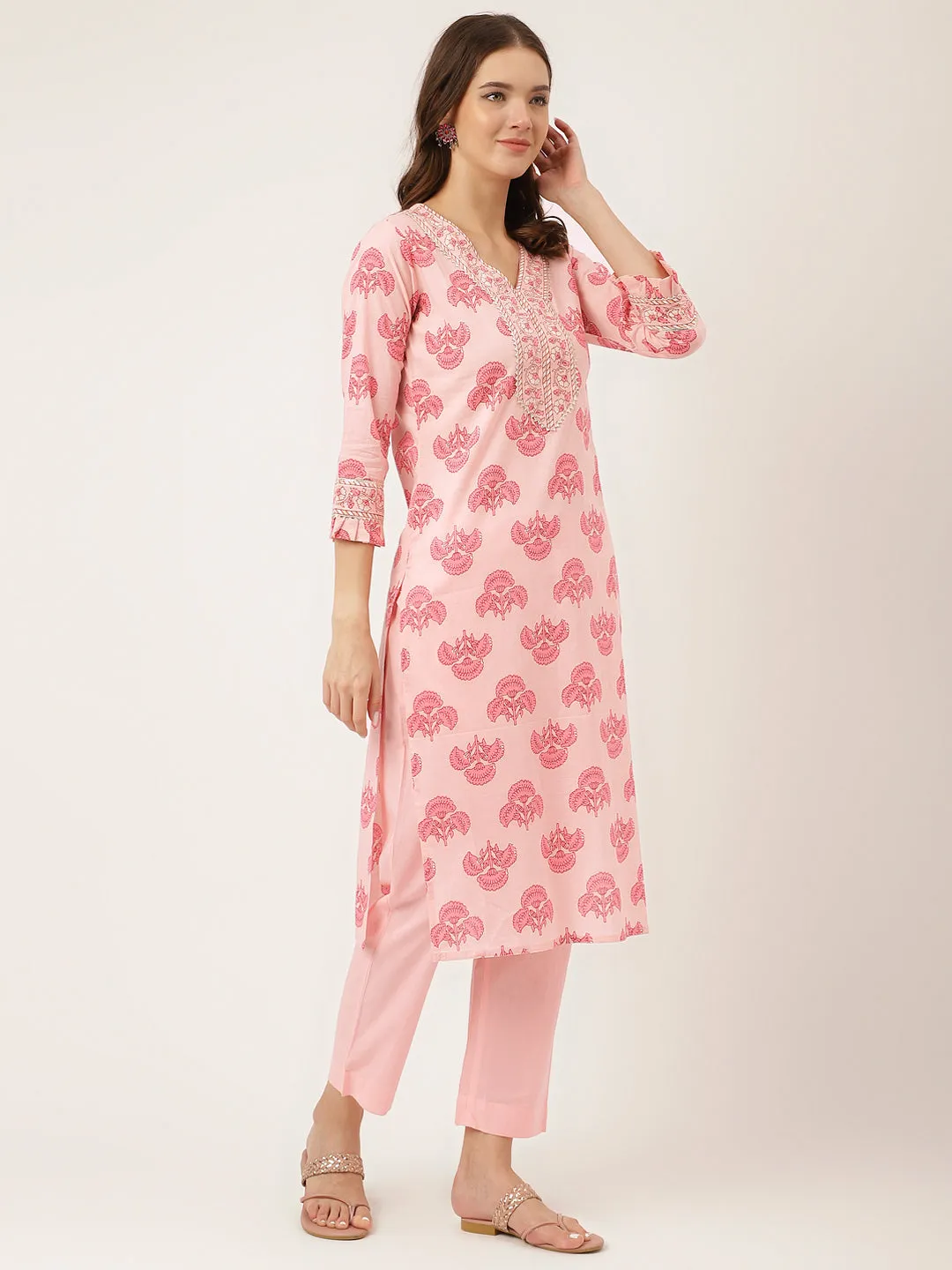 Jashvi Pink Floral Print Cotton  Kurta, Trouser & Dupatta