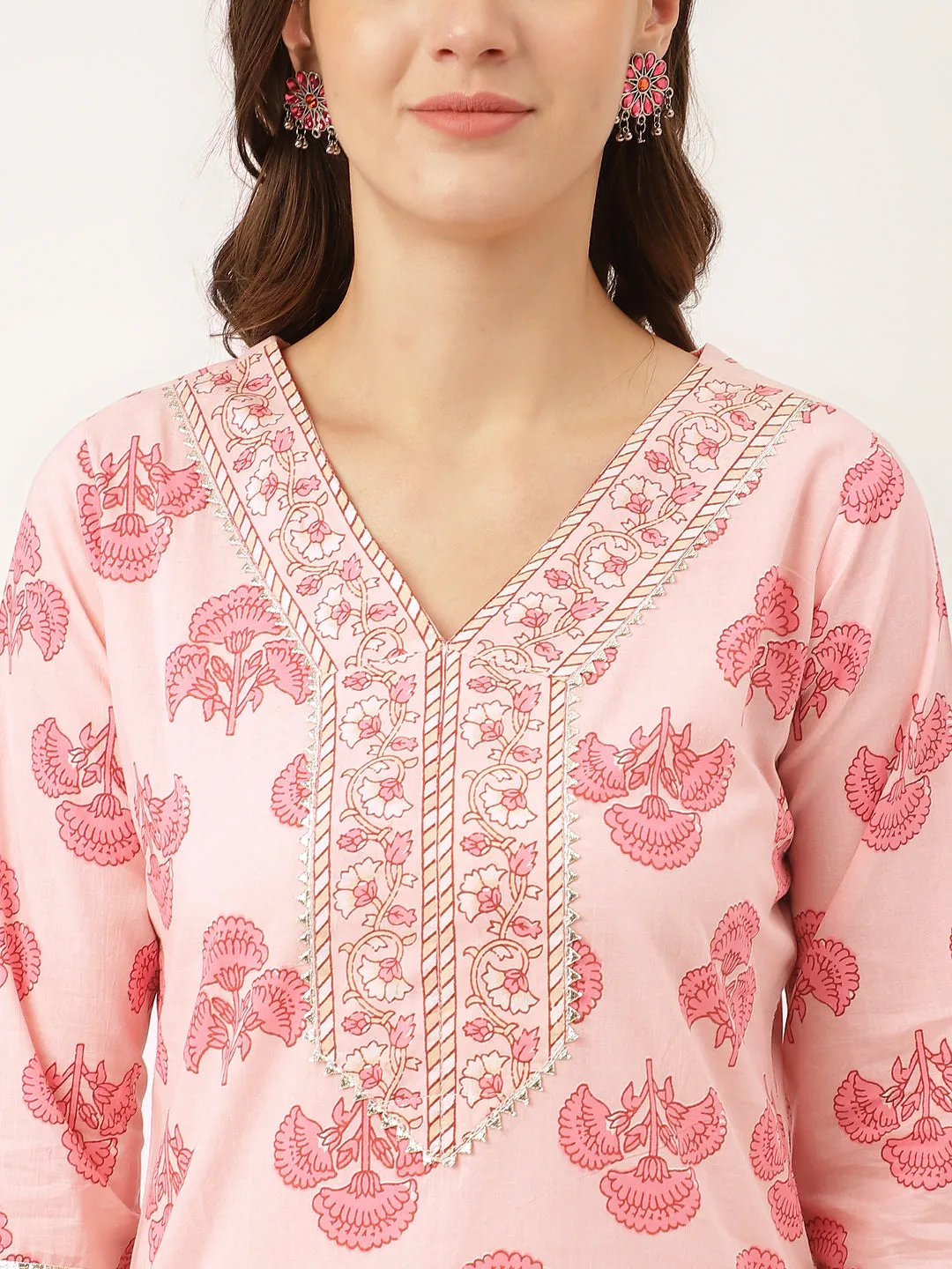 Jashvi Pink Floral Print Cotton  Kurta, Trouser & Dupatta