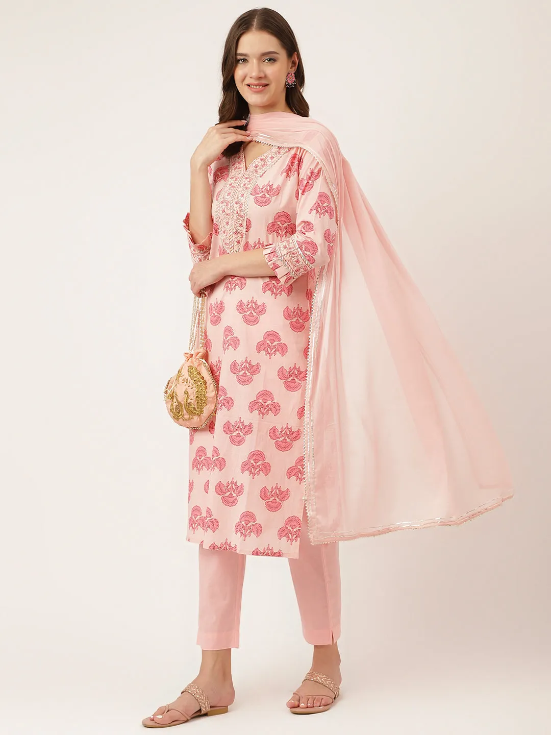 Jashvi Pink Floral Print Cotton  Kurta, Trouser & Dupatta