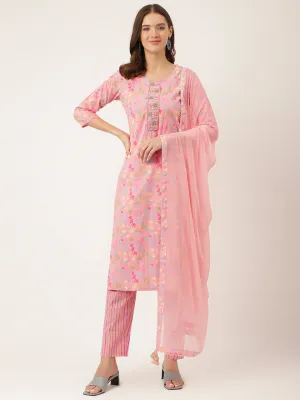 Jashvi Pink Floral Print Cotton  Kurta, Trouser With Dupatta