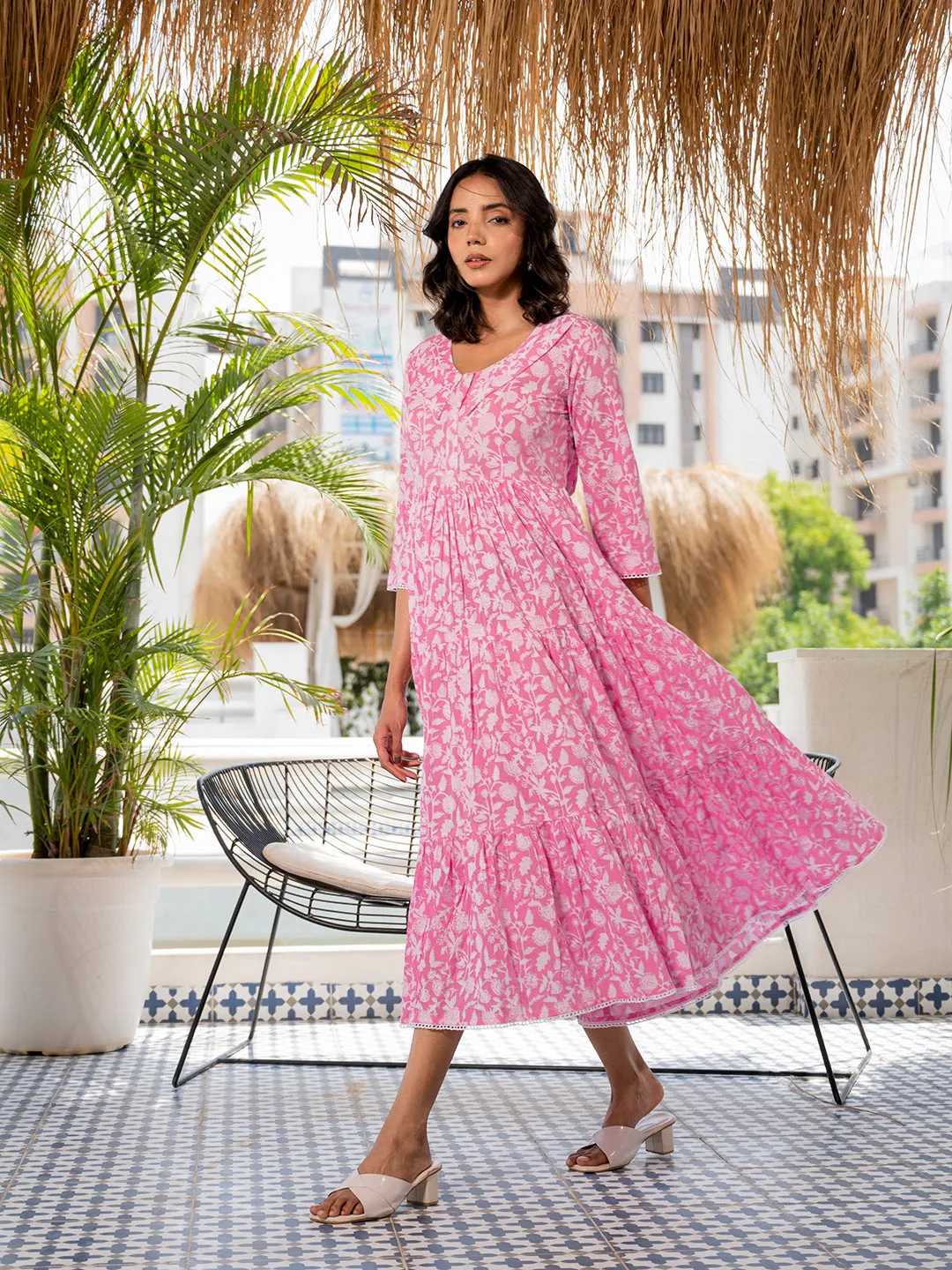 Jashvi Pink Floral Printed Collar Neck Calf length Cotton dress for Women