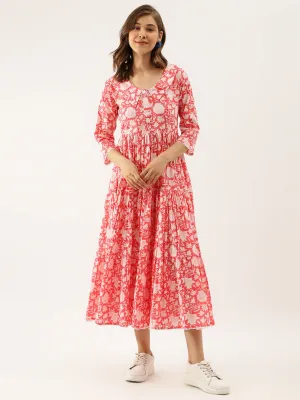 Jashvi Pink Floral Printed Cotton Ethnic Dress for Women