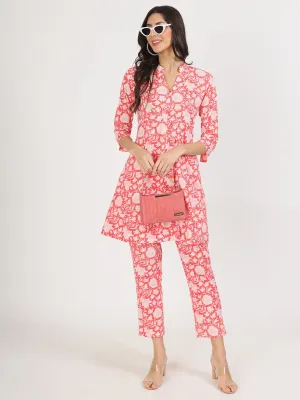 Jashvi Pink Floral Printed Cotton Kurta with Herem Pant Co ord Set